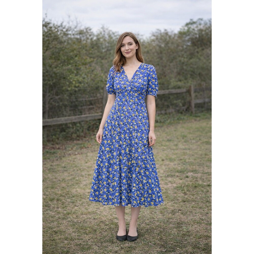 Diane von Furstenberg Blue Yellow Floral Puff Sleeve Midi Dress 6 Cottagecore